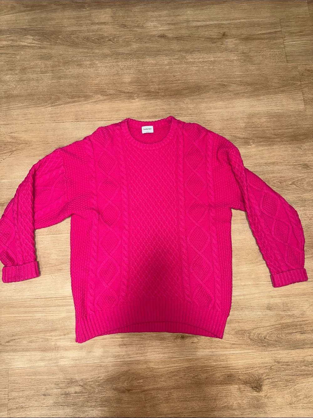 Sunday Best Cable Knit Crewneck Sweater in Bright Pink